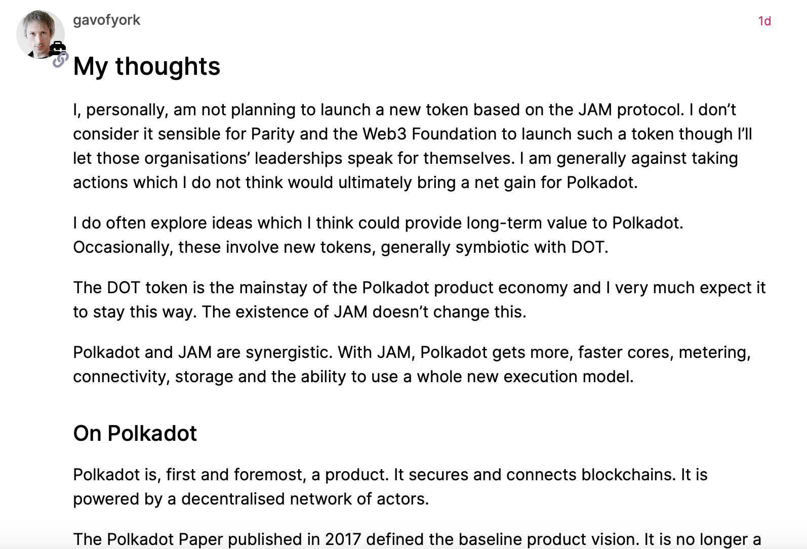 Polkadot创办人Gavin Wood证实：JAM协议不会发行新代币